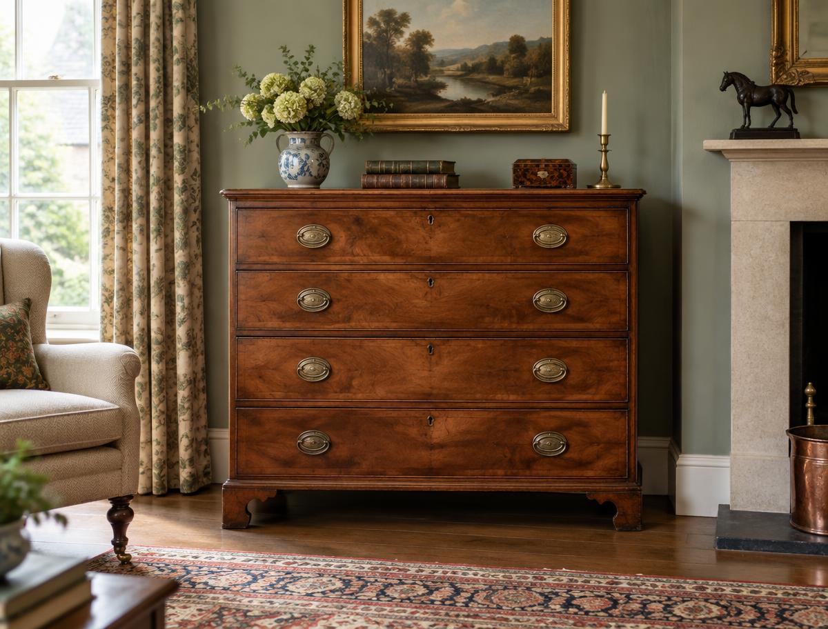 A well-made antique walnut chest of drawers in a British interior
