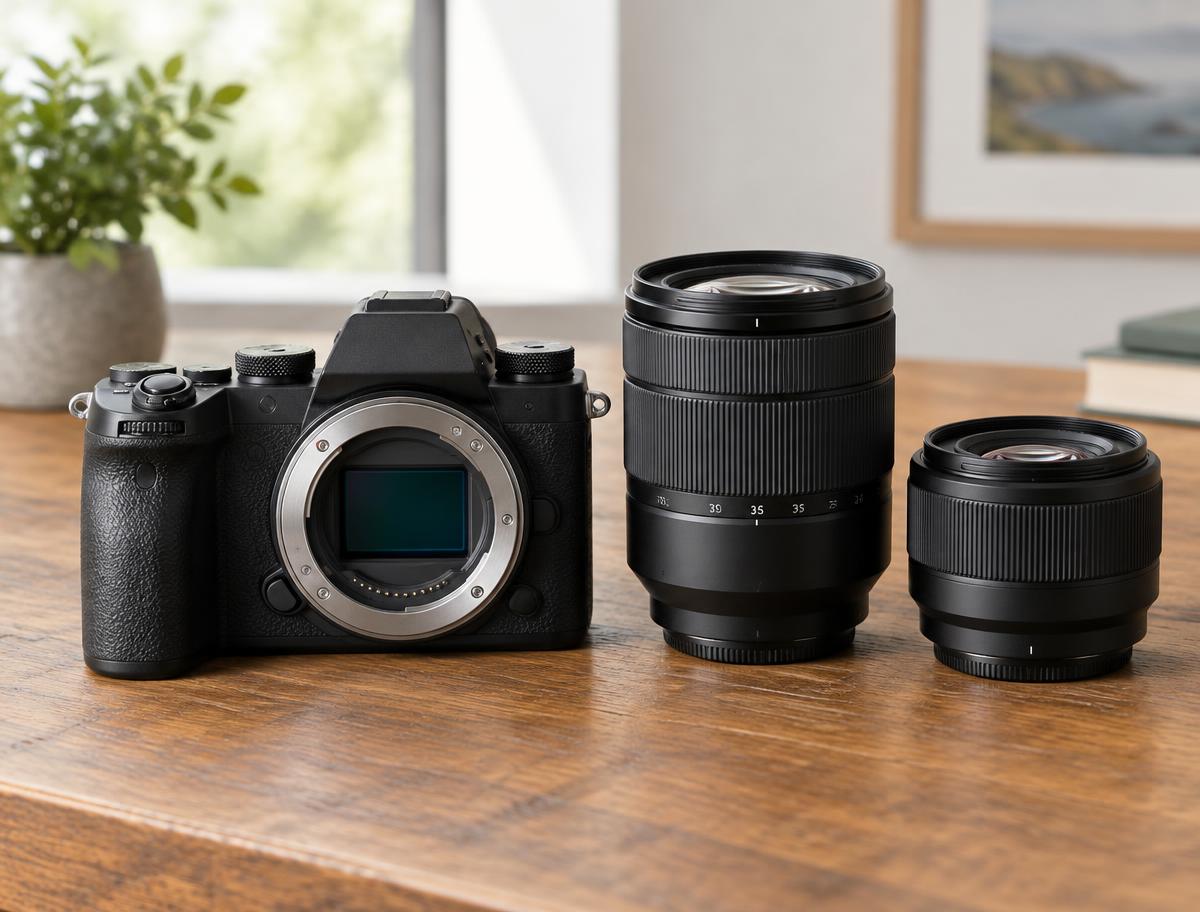 An interchangeable-lens camera with two quality camera lenses