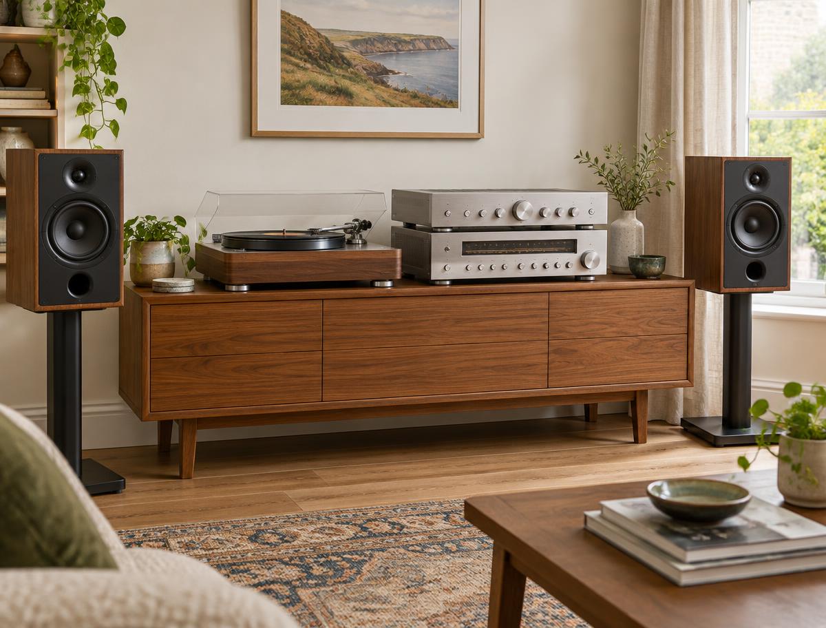 A quality turntable, amplifier, receiver and speakers arranged as a hi-fi separates system