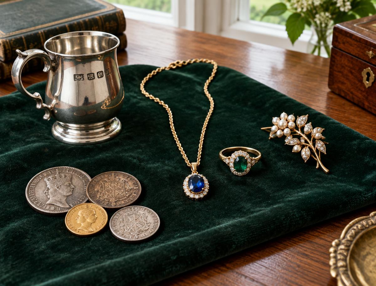 Gold and silver jewellery, coins and a hallmarked silver vessel arranged on green velvet