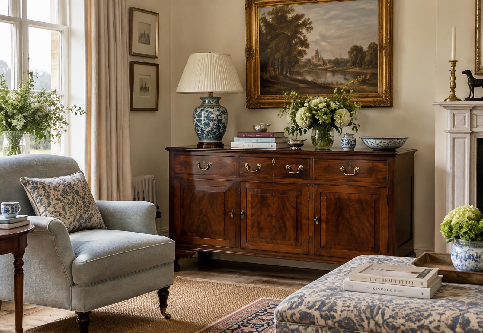 A traditional British sitting room with an antique mahogany sideboard, ceramics and framed pictures